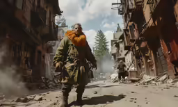 a man in an orange hat walks down a dusty street
