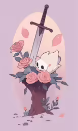 a cartoon illustration with a skull and a sword surrounded by flowers
