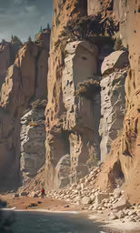people walking through the rocks in front of the cliff