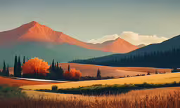 autumn scenery of the country, mountains, and fields,a painting shows an autumn scene with trees and mountains