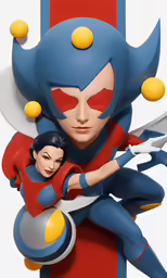 the sides of an action figure of a girl in front of a woman with red eyes and red and yellow ears