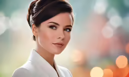 a beautiful woman with brown hair in a white jacket