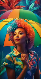an afro american woman is wearing a colorful hair and carrying an umbrella
