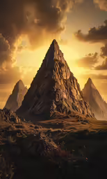 there is a tall mountain under clouds near the sun