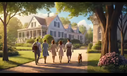 a group of people walking in the middle of a yard with a dog
