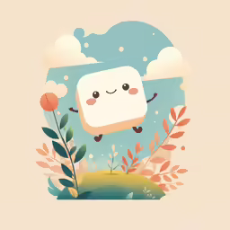 cartoon illustration of a cute marshmallow surrounded by plants and clouds