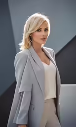 woman with blonde hair wearing a gray jacket and white top
