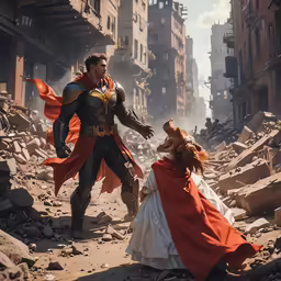 two characters dressed up in comics being attacked by another person