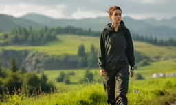 a woman walks through a grassy field towards a valley