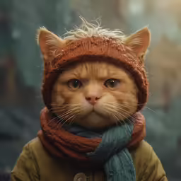 an orange cat in a brown hat and scarf