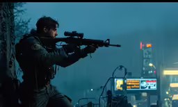 a man with a gun stands by a street corner