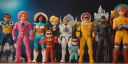 a group of dolls with glasses, are posed next to each other