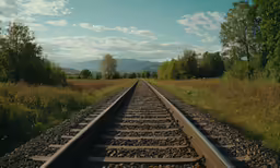 a railroad track running through a lush green field