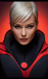 a young woman with short blonde hair wearing a black coat