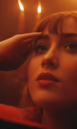 a woman in a red shirt is looking off into the distance