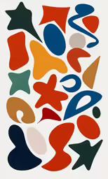 an abstract piece with black, blue, red and green shapes