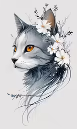 there is a white cat with flowers in her hair