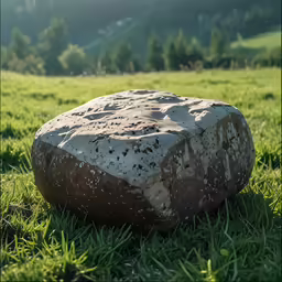 large stone sitting in the middle of green grass