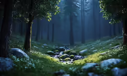 an area with trees, grass, and rocks in the forest
