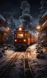 an old train at night by a snowy covered street
