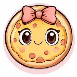 a cartoon pizza with a bow and eyes