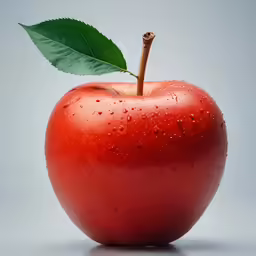 a red apple with a leaf on top of it