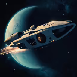 an artistic computer artwork depicts a space shuttle in front of a solar - like planet with a distant star on the horizon