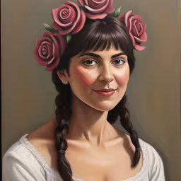 an oil painting of a woman with long braids and a rose in her hair,an oil painting of a girl with flowers in her hair