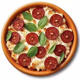 the small pizza has tomatoes on it in a wooden bowl