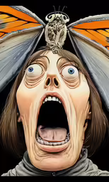 a cartoon with an odd face is shown with a large butterfly sitting on top of it