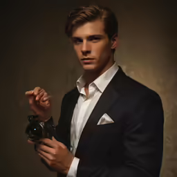 man in black suit with white shirt and dark hair holding up a camera