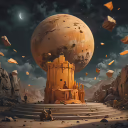 a futuristic landscape showing a giant ball like structure with lots of pieces of paper floating around it