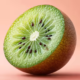 a cut kiwi fruit that is on a pink surface