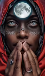 a woman with blue eyes in front of a full moon