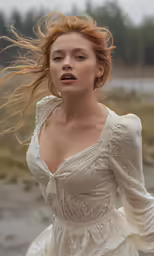 woman in white gown blowing in wind while walking on pavement