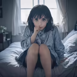 a young lady sitting on a bed looking off to the side