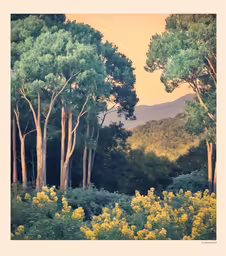 a painting of yellow flowers and trees by the mountains