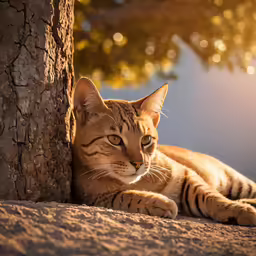 a cat that is laying by a tree