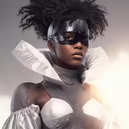 a lady in grey and white wearing an outfit and mask