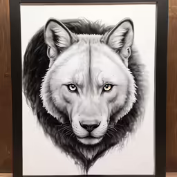 a drawing of a white wolf with black hair