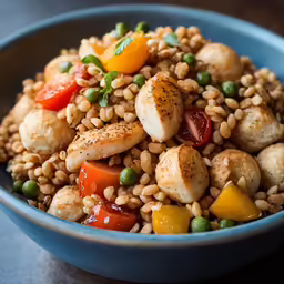 a blue bowl filled with rice, veggies and scallops