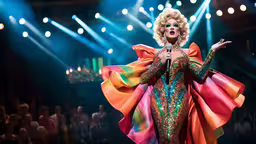 the woman is performing on stage with many lights,a woman in an elaborate dress and cape on a stage with her hands outstretched