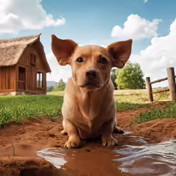 the small brown dog is enjoying being outside in the mud