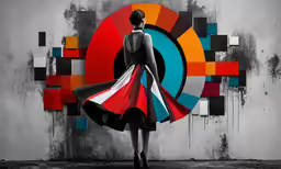 a woman in a dress standing next to a wall