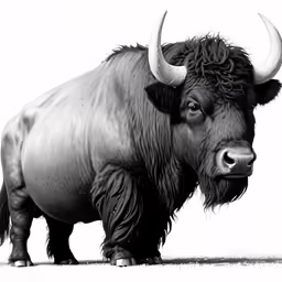 a black and white photo of an animal with very long horns