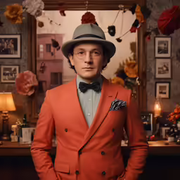a man in an orange suit and a bow tie