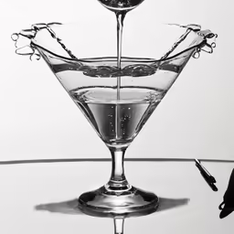 a martini glass with a liquid fountain and some ink on the rim