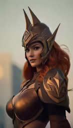 a girl in a helmet and armor standing next to a tall building
