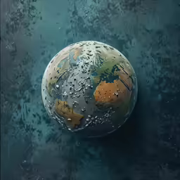 a blue earth globe sits on a lake surface