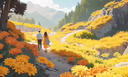a man and a woman walking along a path next to yellow flowers